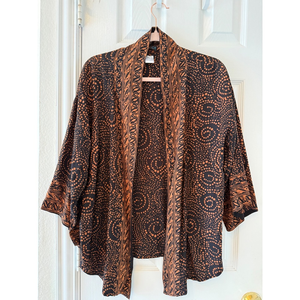 Novica Javanese Chocolate‎ Batik Kimono Jacket Boho Rayon Open Front S/M
